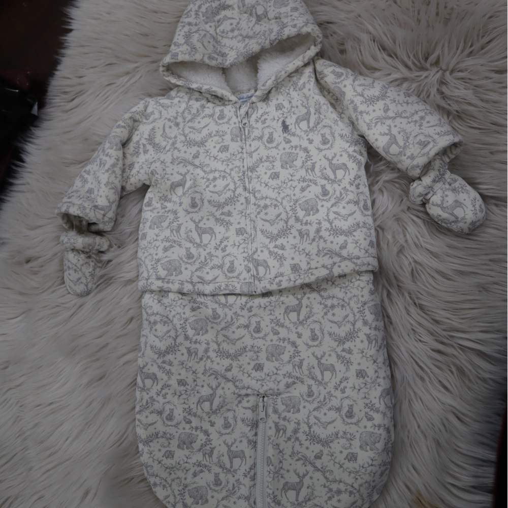 Like New Ralph Lauren Cream and Gray Baby Jacket and Bunting Set
